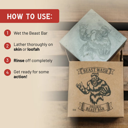 Soap bar in open box with beast logo; use steps graphic above