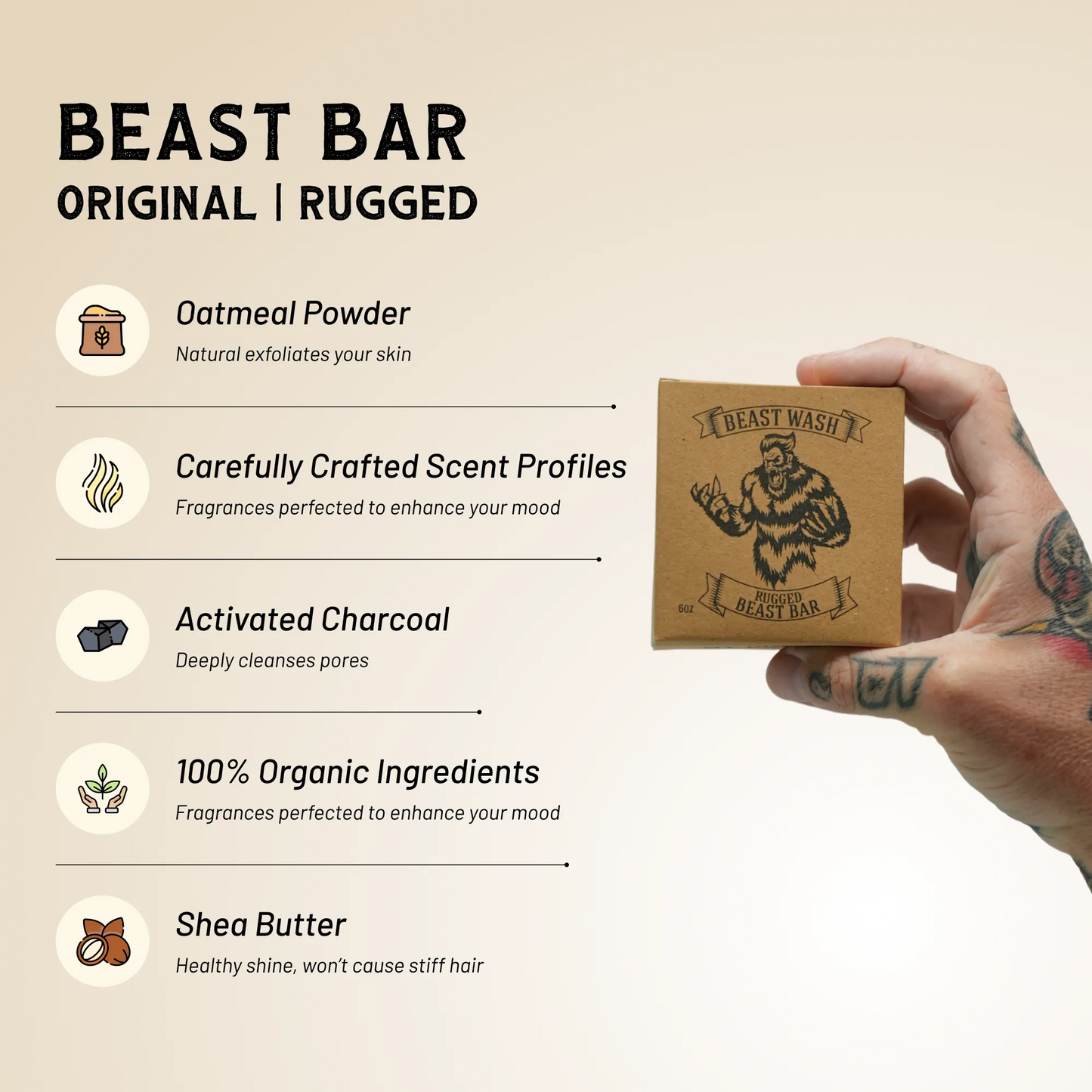 Natural bar soap box held in hand, “Original | Rugged” options shown on graphic