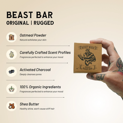 Natural bar soap box held in hand, “Original | Rugged” options shown on graphic