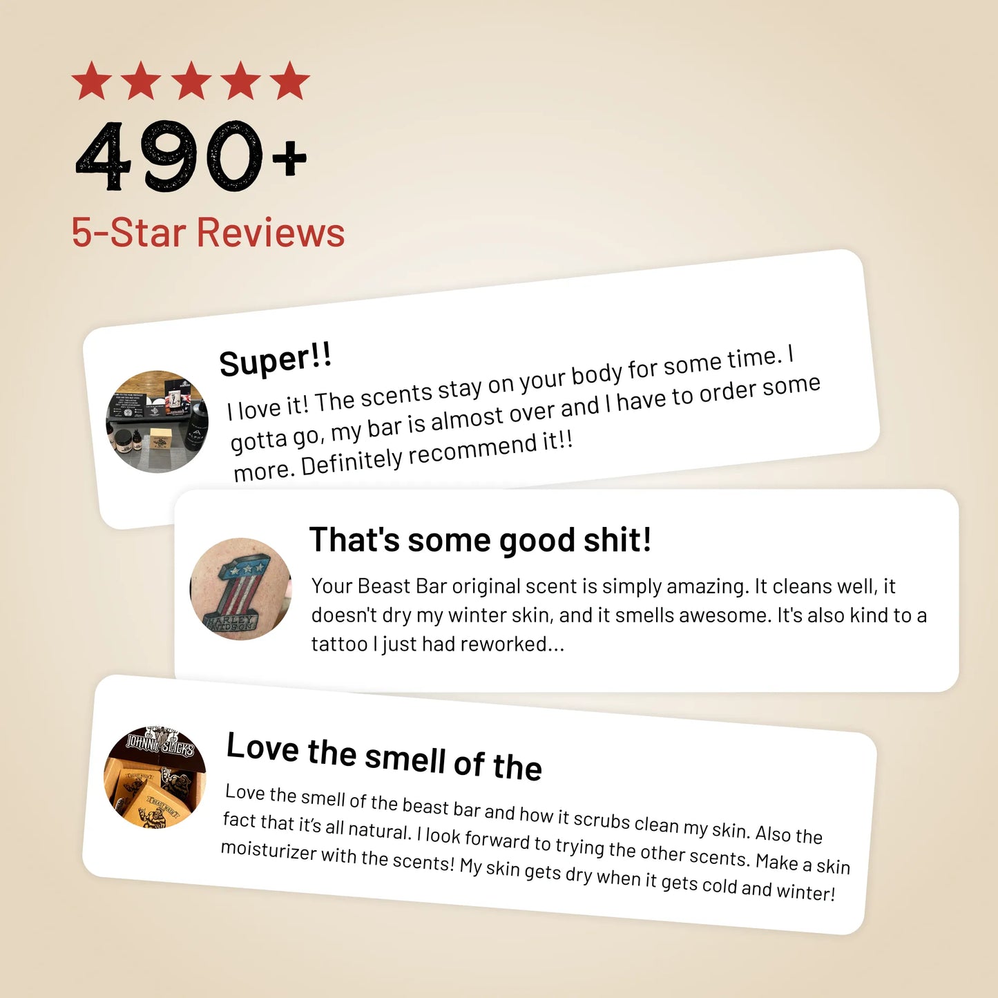 Customer review panel showing 490+ five-star reviews for bar soap