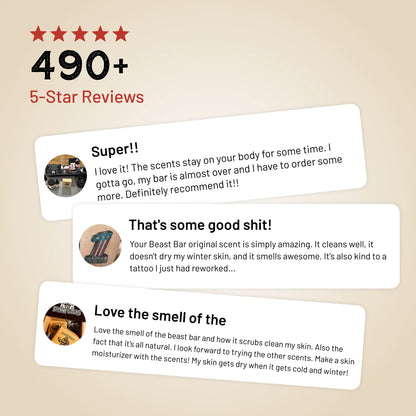 Customer review panel showing 490+ five-star reviews for bar soap