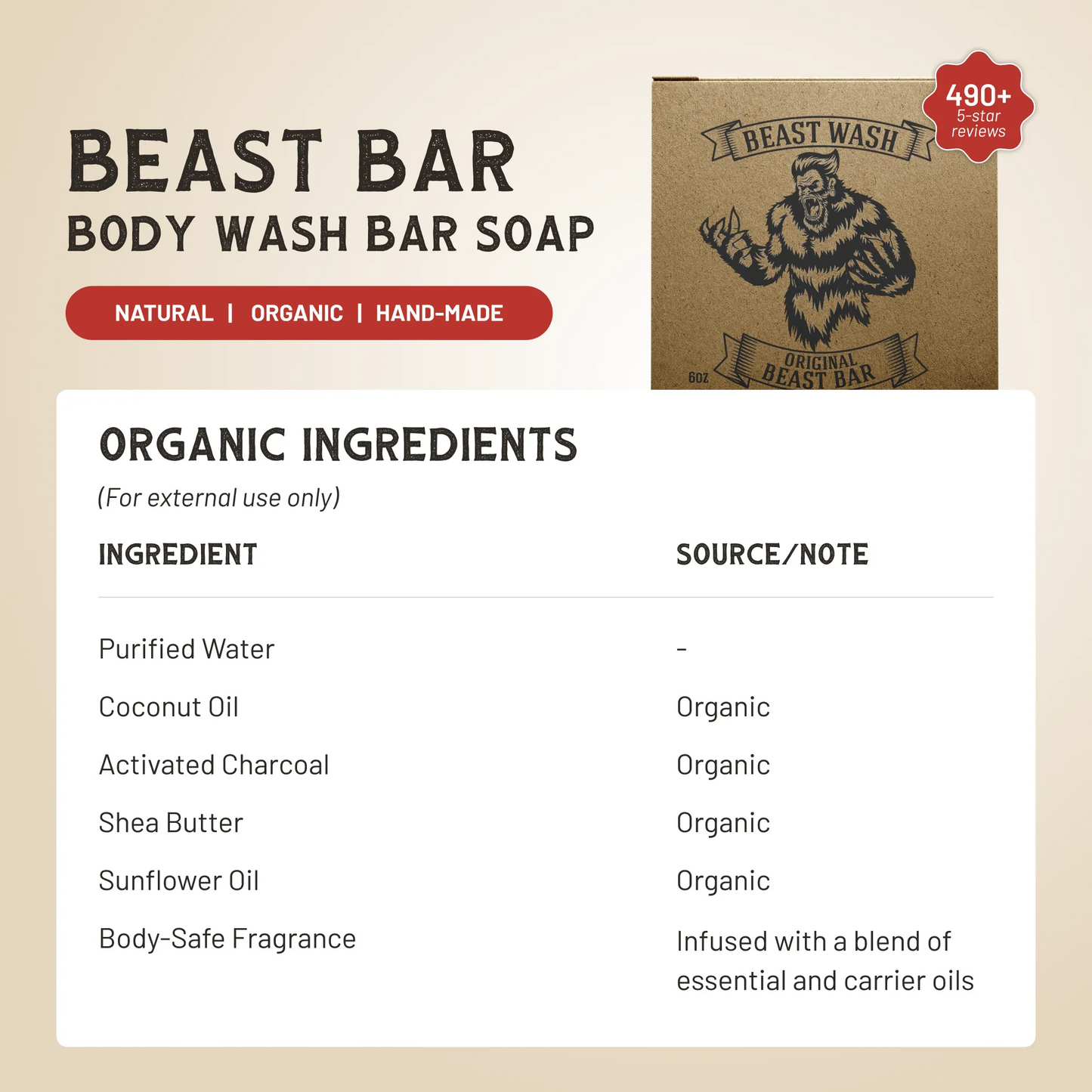 Body wash bar soap packaging with beast illustration, “Natural | Organic | Hand-Made” badge