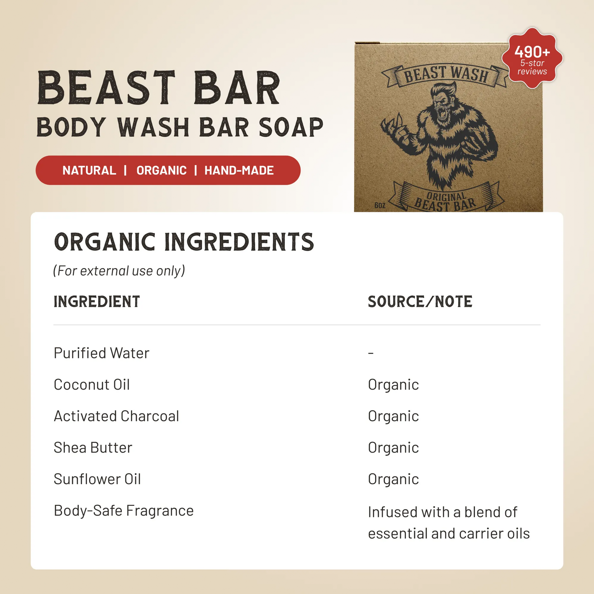 Body wash bar soap packaging with beast illustration, “Natural | Organic | Hand-Made” badge