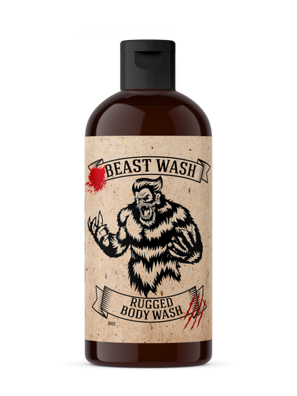 Beast Wash Rugged body wash bottle with black pump and tan label