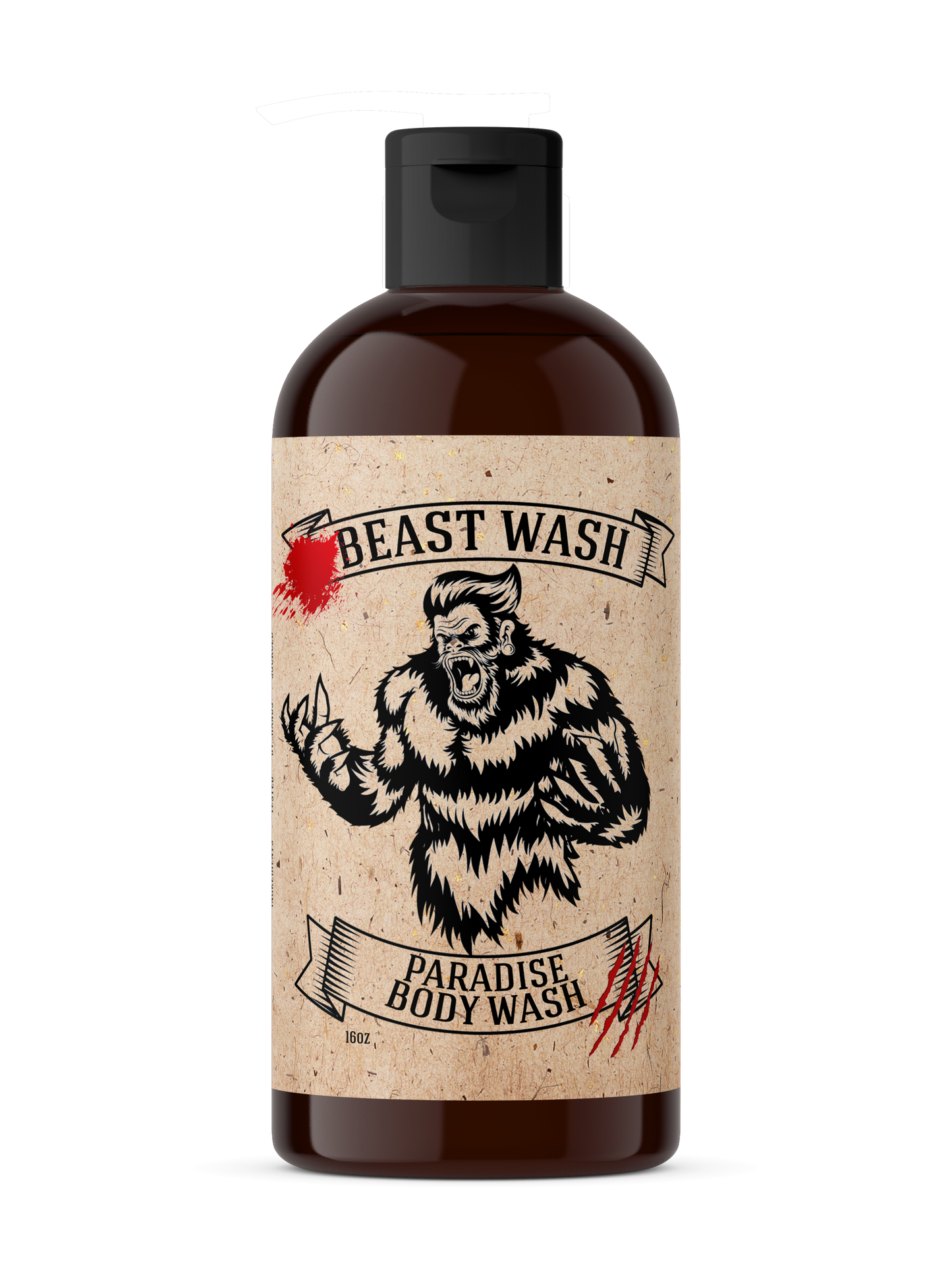 Beast Wash Paradise body wash bottle with black pump and tan label