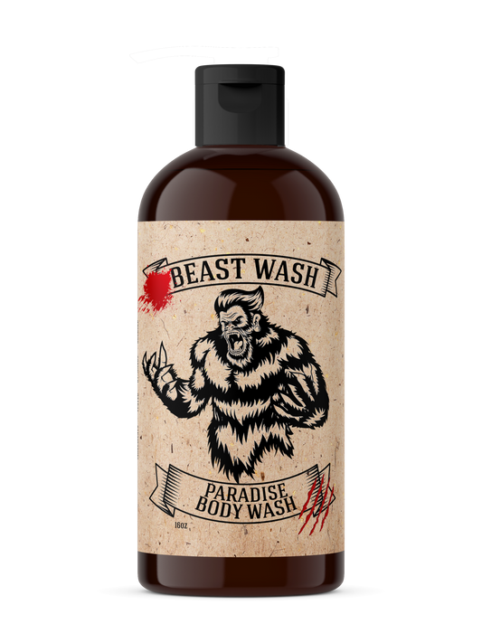 Beast Wash Paradise body wash bottle with black pump and tan label
