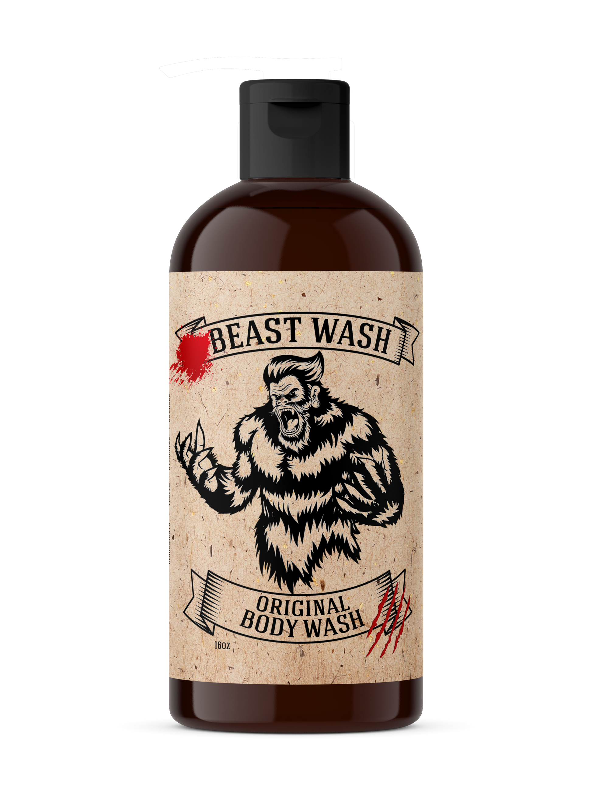 Beast Wash Original body wash bottle with black pump and tan label