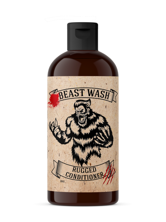 Hair conditioner bottle with black pump, Rugged label on brown bottle