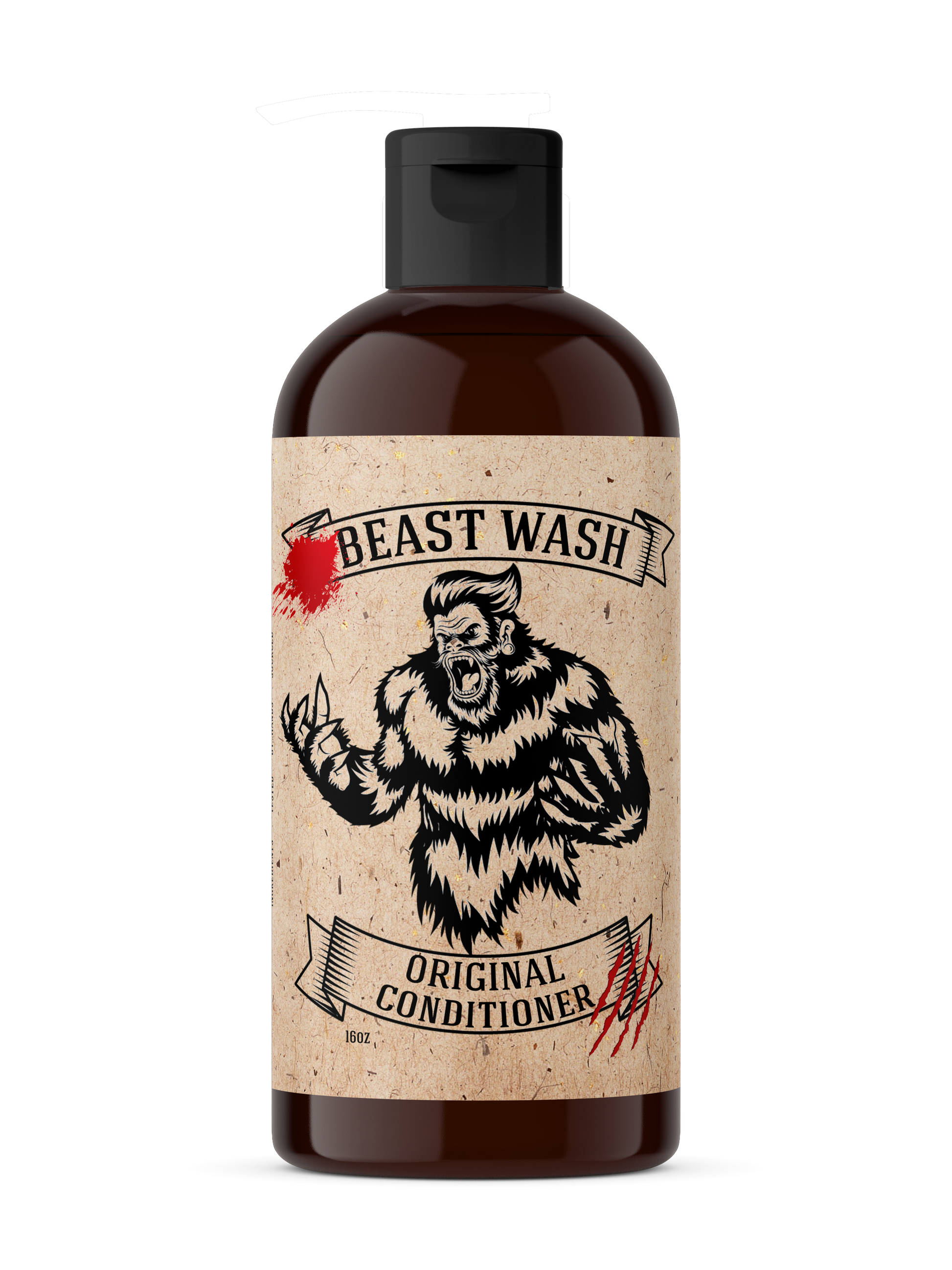 Hair conditioner bottle with black pump, Original label on brown bottle