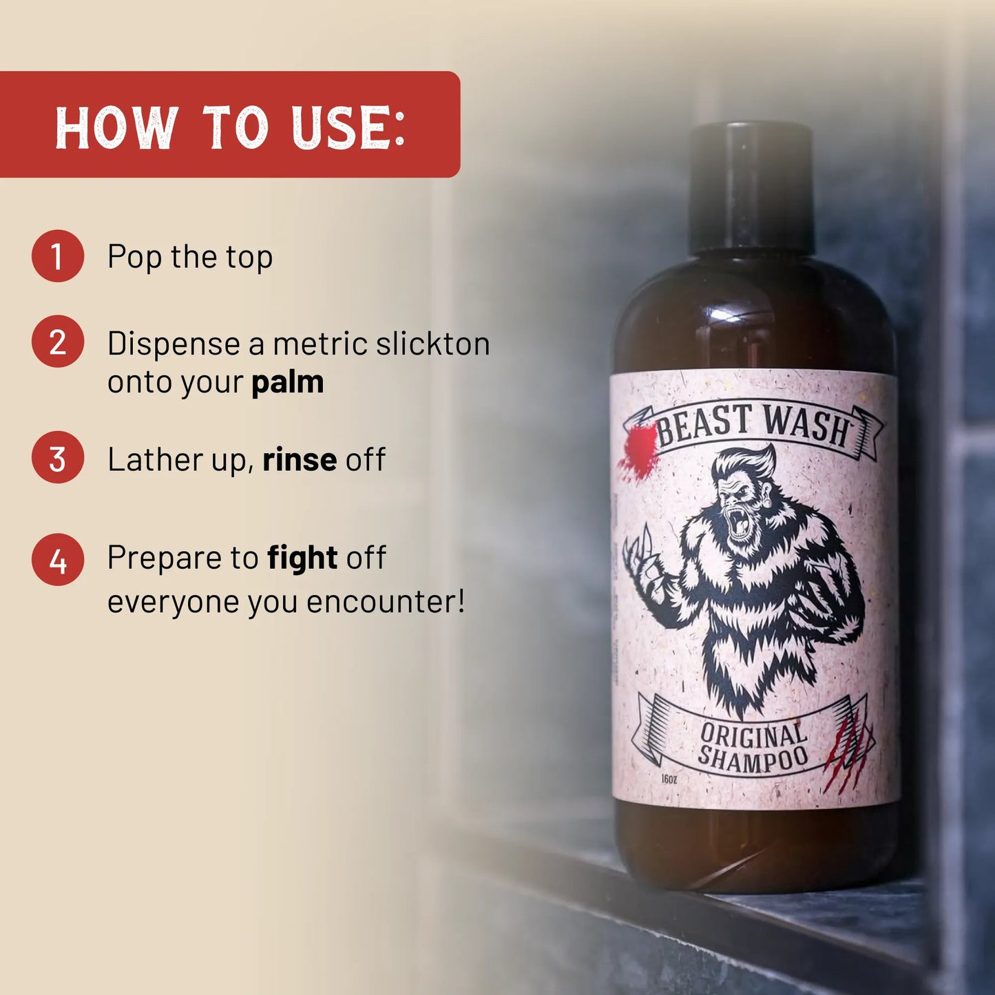 Beast Wash Original shampoo bottle with black pump and bear label beside how-to steps