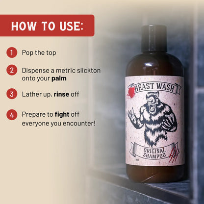 Beast Wash Original shampoo bottle with black pump and bear label beside how-to steps