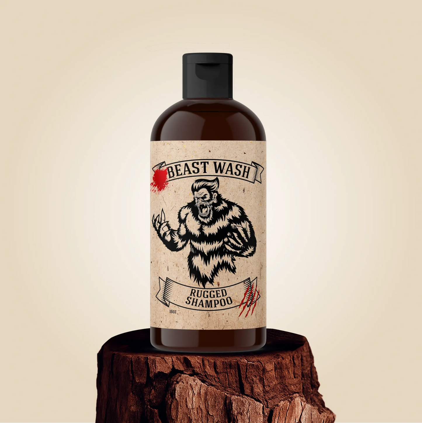 Beast Wash rugged anti-dandruff shampoo bottle with dark pump, amber label