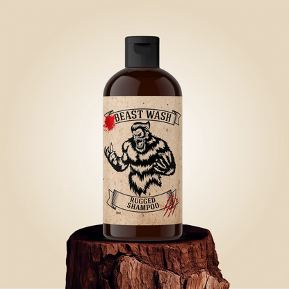 Beast Wash rugged anti-dandruff shampoo bottle with dark pump, amber label
