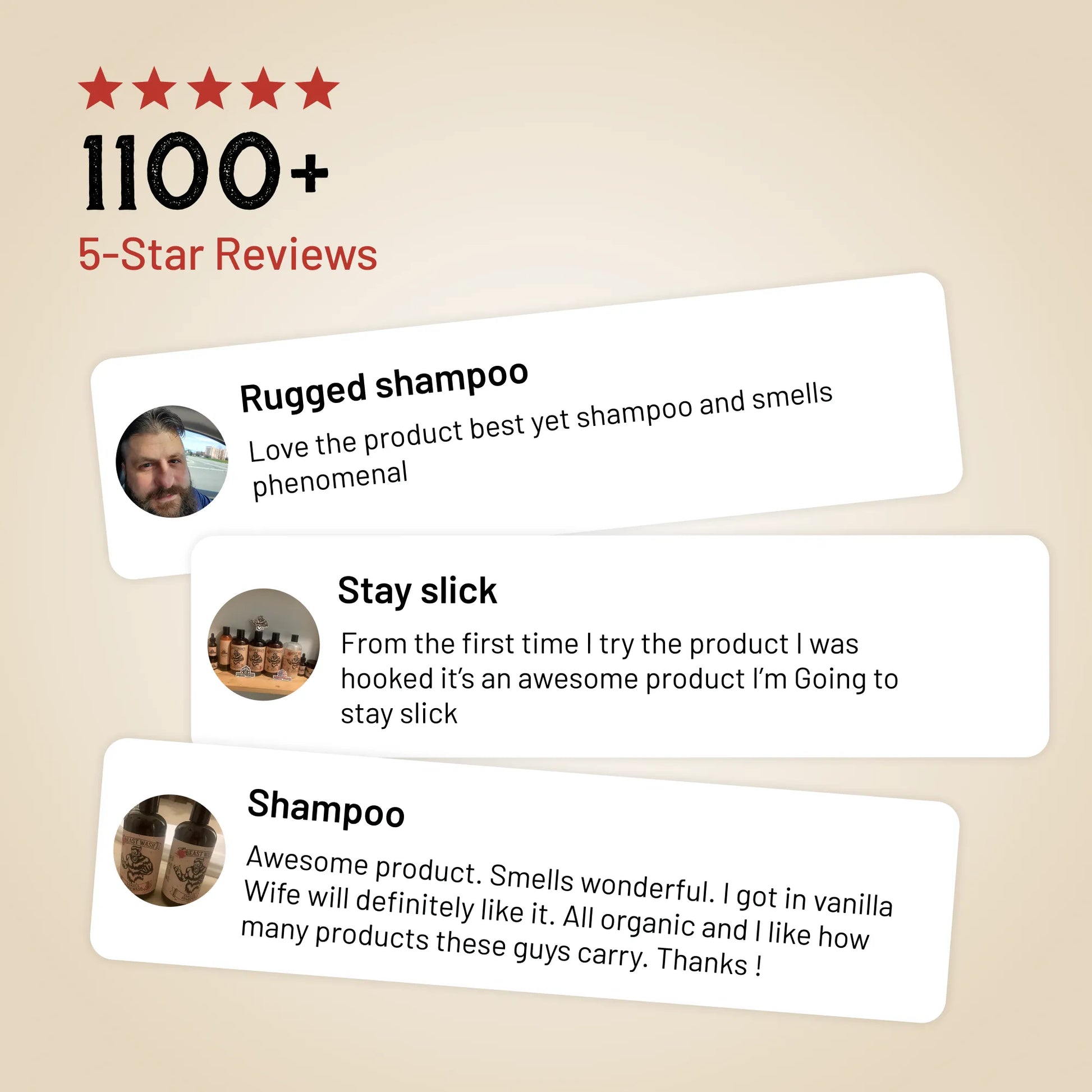 Shampoo customer reviews card with 1100+ 5-star ratings and quotes