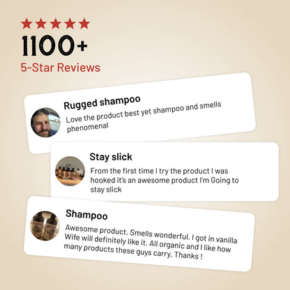 Shampoo customer reviews card with 1100+ 5-star ratings and quotes