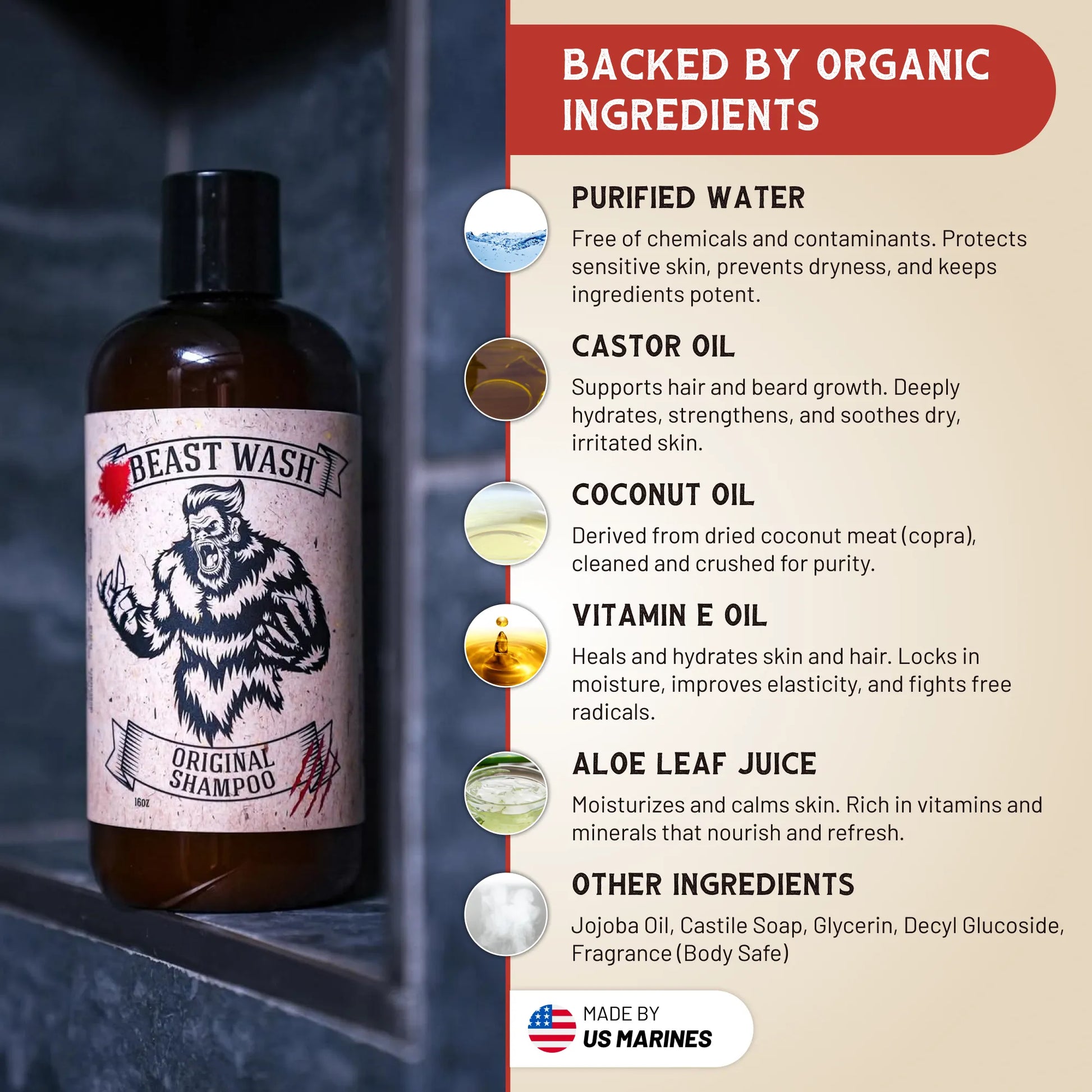 Beast Wash Original shampoo bottle with bear label next to ingredient callouts