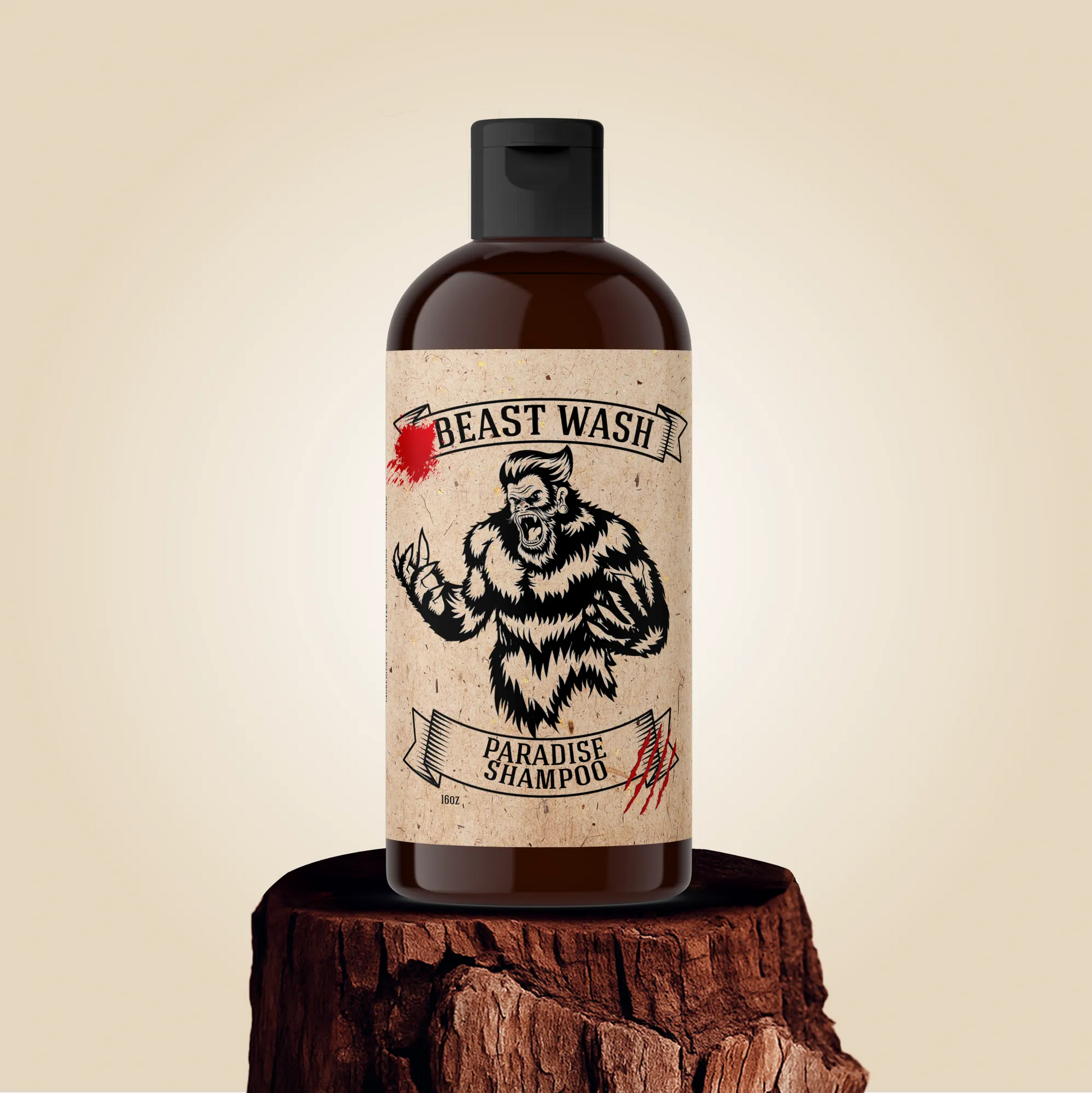 Beast Wash Paradise shampoo bottle with black pump and bear label