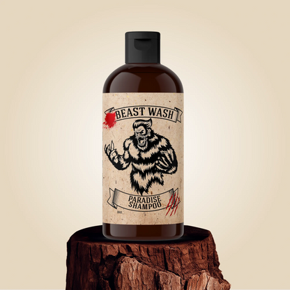 Beast Wash Paradise shampoo bottle with black pump and bear label