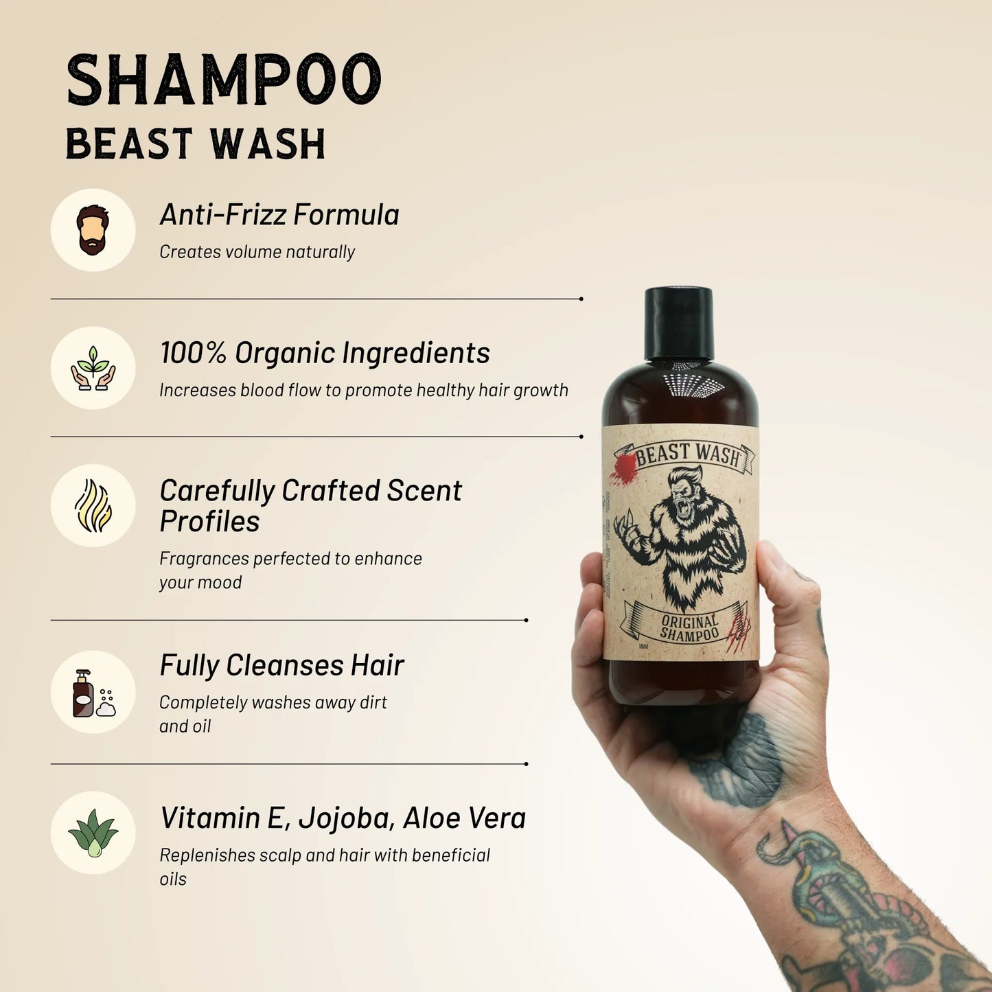 Beast Wash Original shampoo bottle held in hand, black pump and bear label