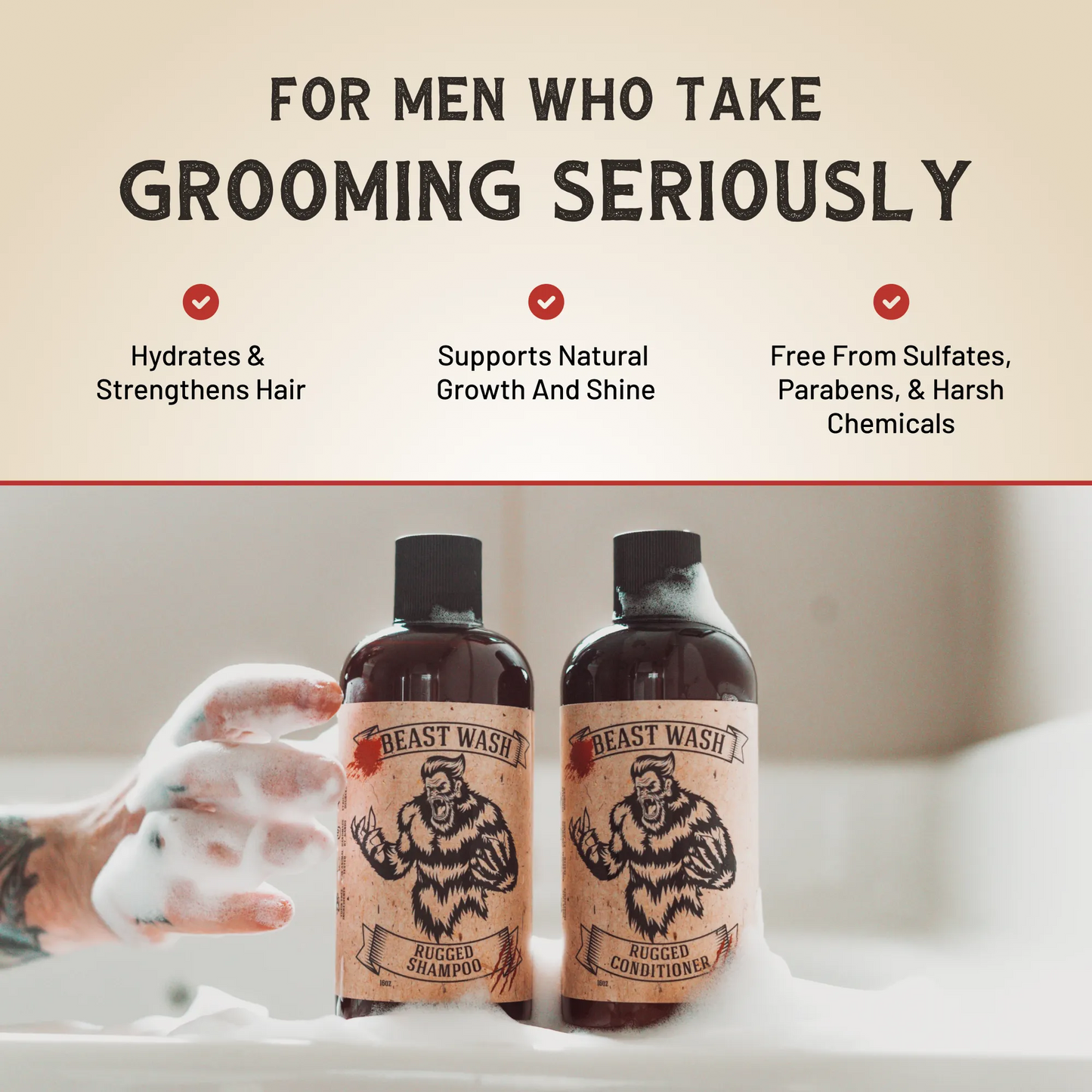 Beast Wash rugged bottles with bear labels in foamy bath