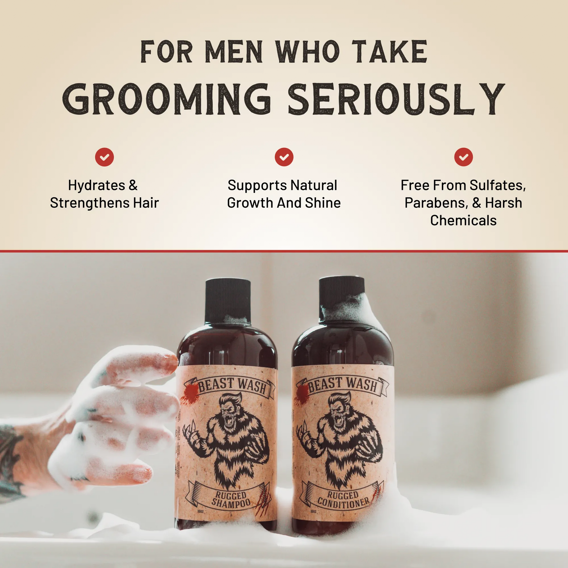 Beast Wash rugged bottles with bear labels in foamy bath