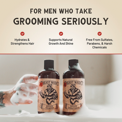 Beast Wash rugged bottles with bear labels in foamy bath