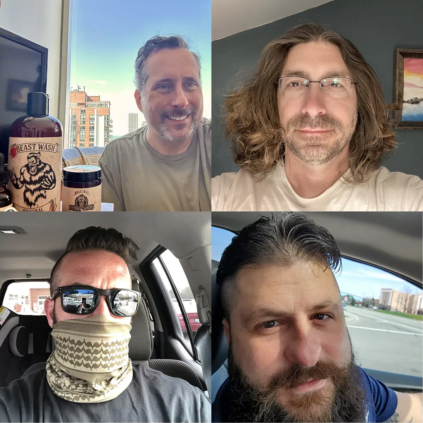 Man holding Beast Wash shampoo bottle in a collage of personal photos