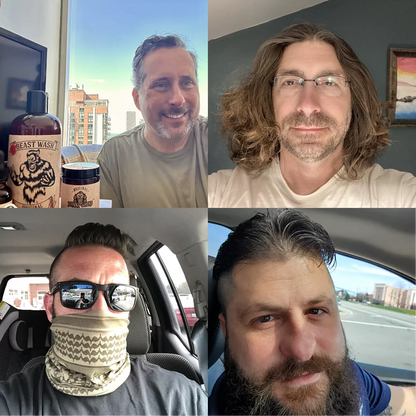 Man holding Beast Wash shampoo bottle in a collage of personal photos