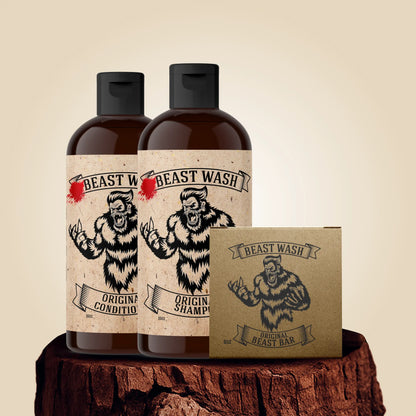 Men’s shower wash set: amber brown bottles and soap bar box with Original labels