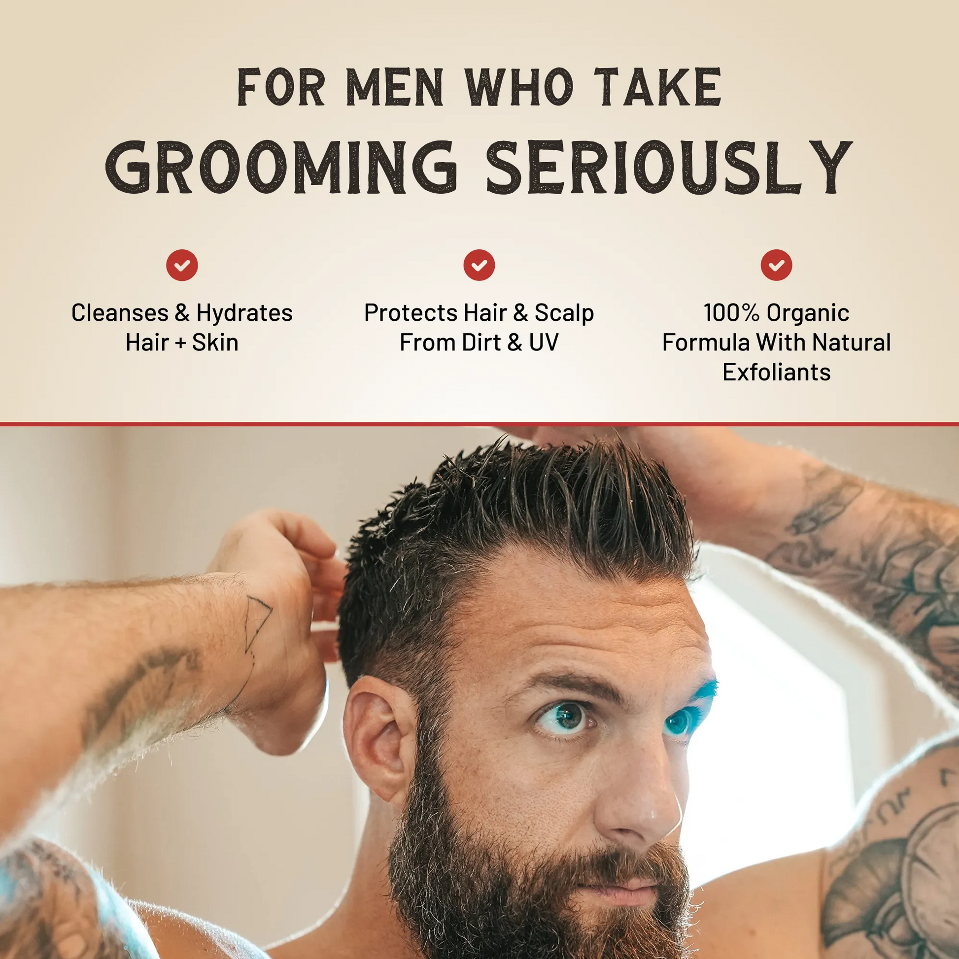 Beast Wash grooming set for men with icons and a man styling hair in water