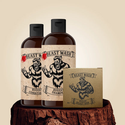 Men’s shower wash set: amber brown bottles and soap bar box with Rugged labels