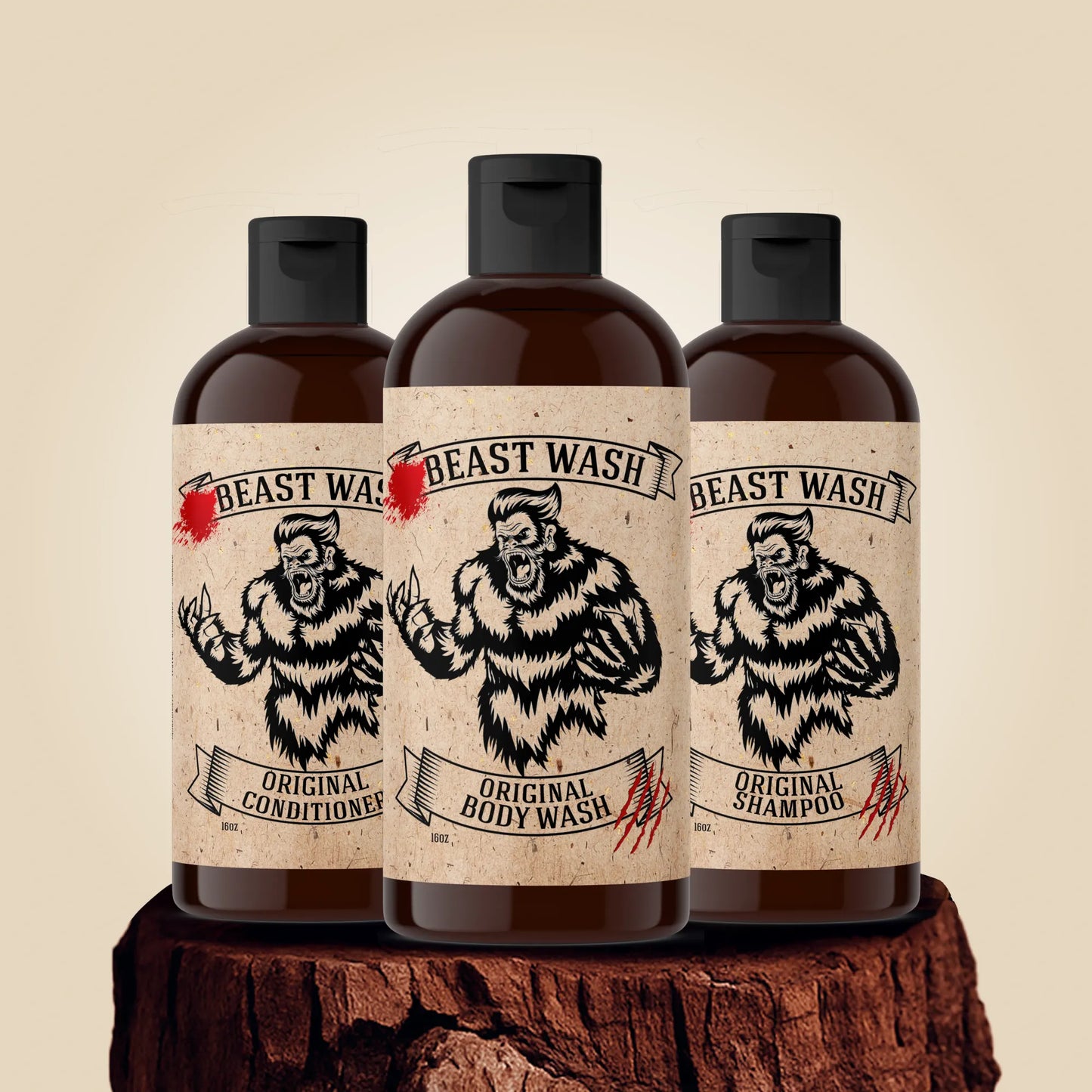 Beast Wash shower set with three amber bottles, black caps, Original labels