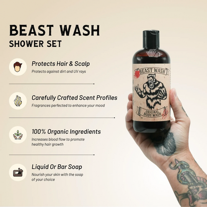 Beast Wash shower set bottle held in hand with 100% organic ingredient icons