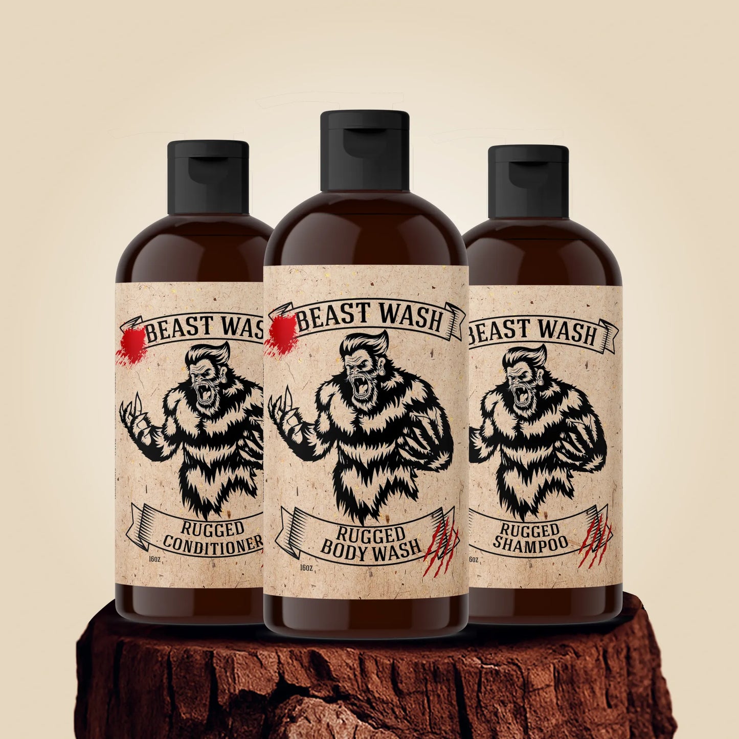 Beast Wash shower set with three amber bottles, black caps, Rugged labels