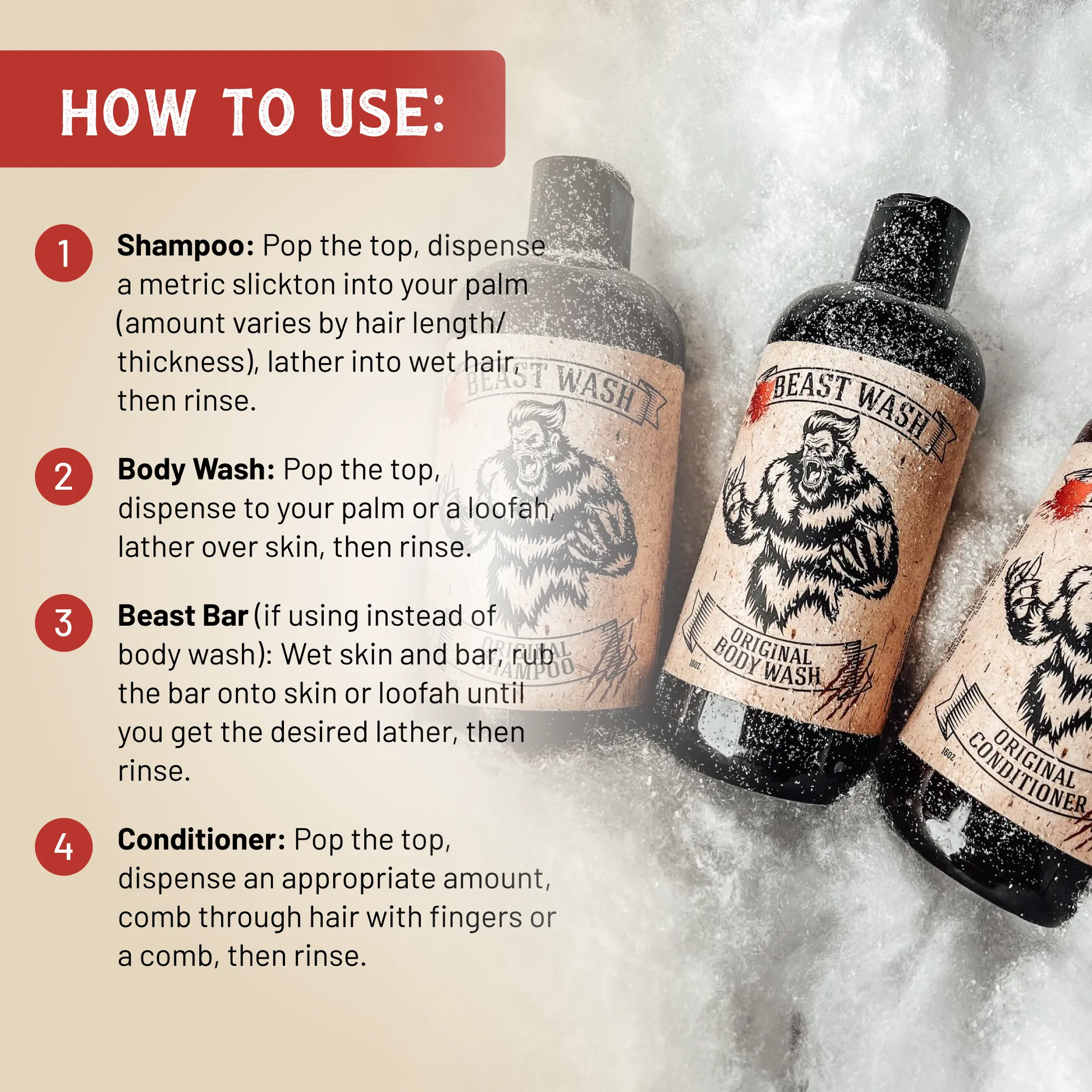 Beast Wash bottles in shower foam with how-to use steps for shampoo and conditioner