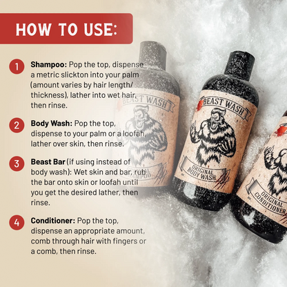 Beast Wash bottles in shower foam with how-to use steps for shampoo and conditioner
