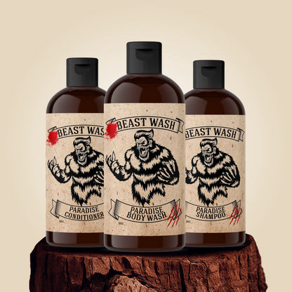 Beast Wash shower set with three amber bottles, black caps, Paradise labels
