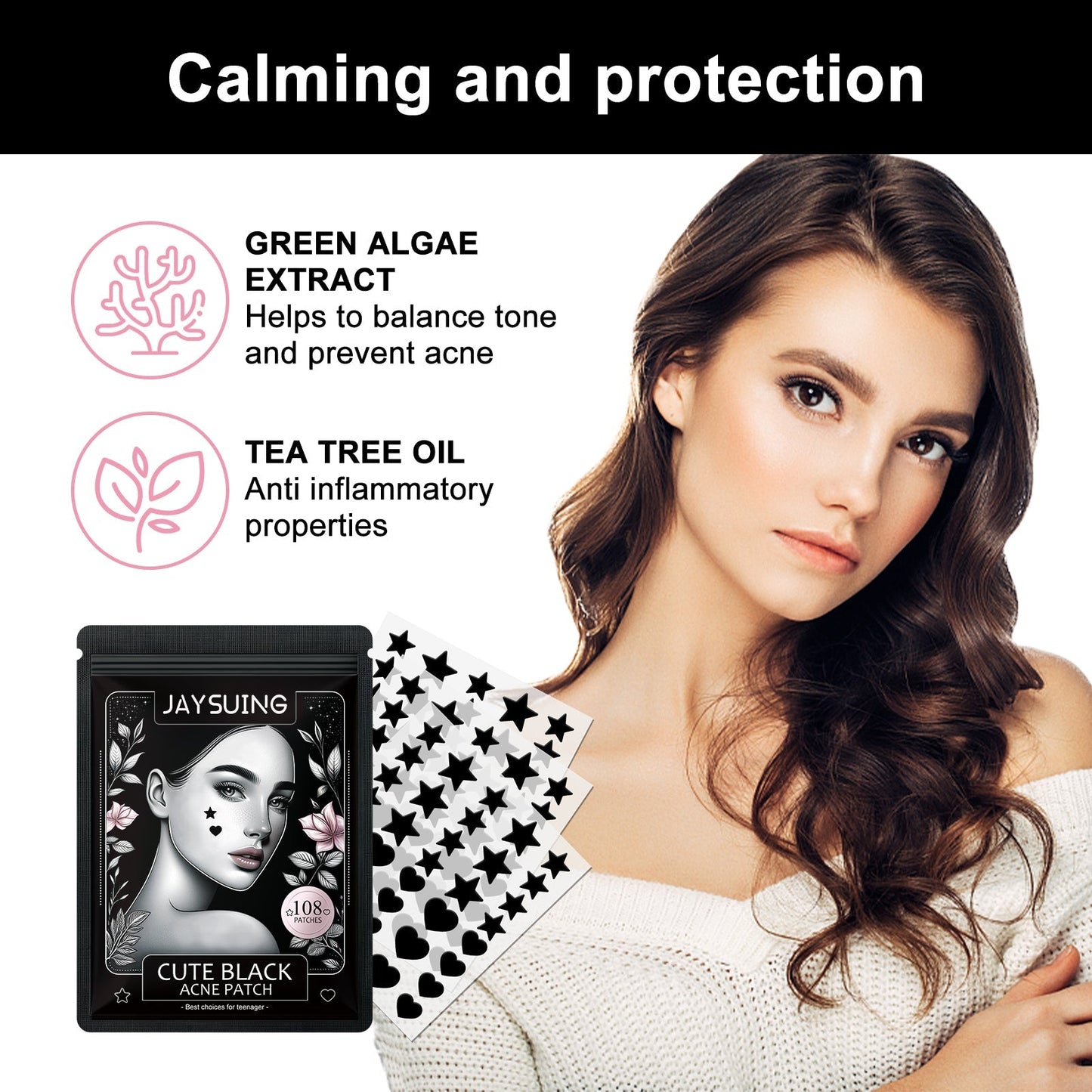 Cute black acne patch kit with pouch and star-shaped stickers near face