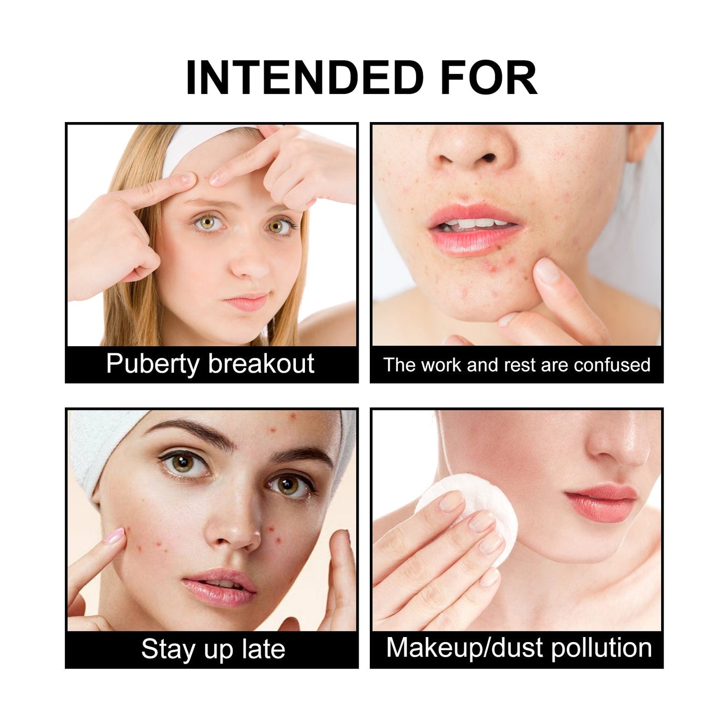 Acne patch use guide showing before-and-after and application scenes