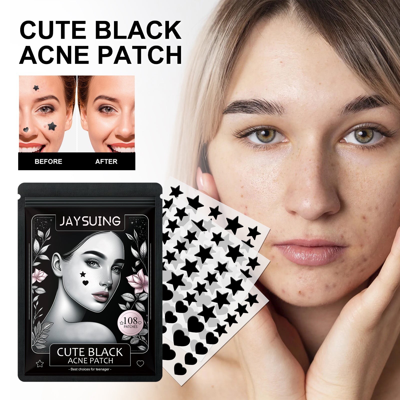 Cute black acne patch kit with pouch and star-shaped patch stickers