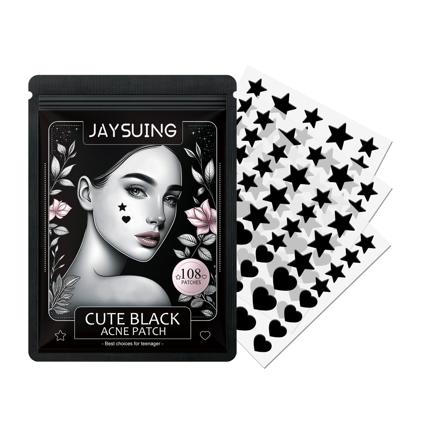 Cute black acne patch pouch with star and heart patch sheets