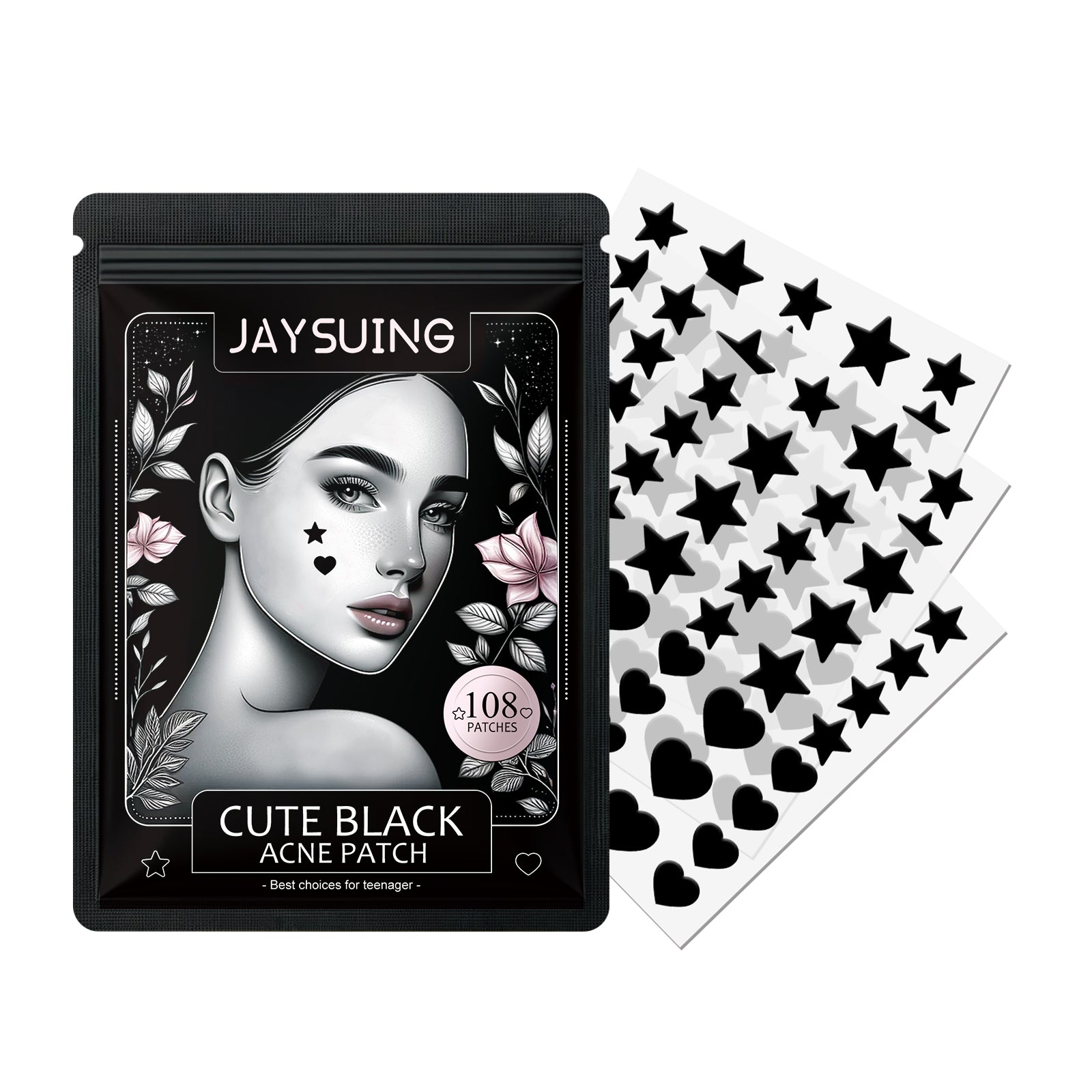 Cute black acne patch pouch with star and heart patch sheets
