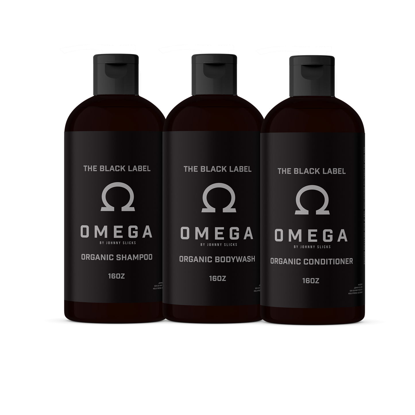 Johnny Slicks Omega organic shower set, three dark pump bottles: shampoo, body wash, conditioner.