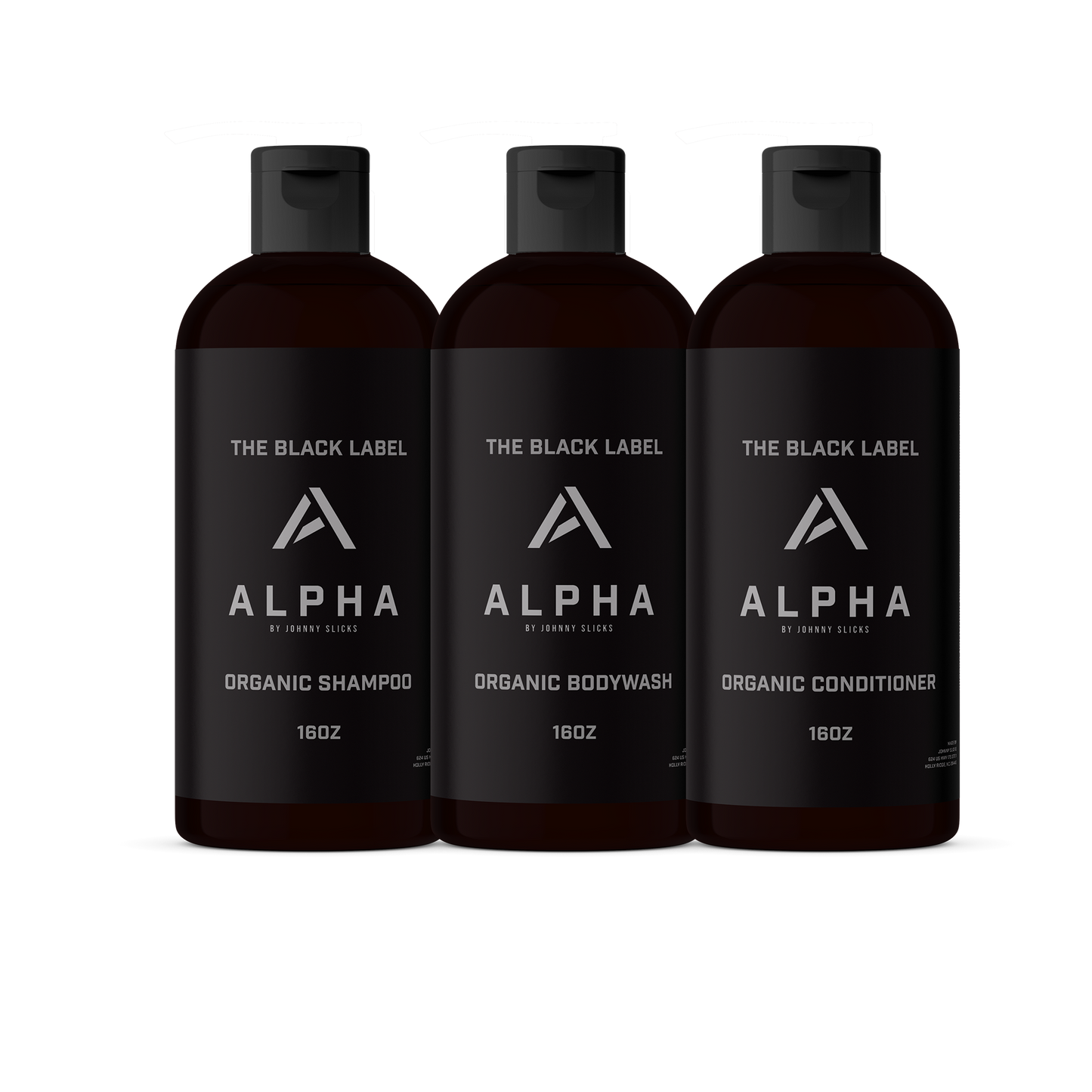 Johnny Slicks Alpha organic shower set, three dark pump bottles: shampoo, body wash, conditioner.