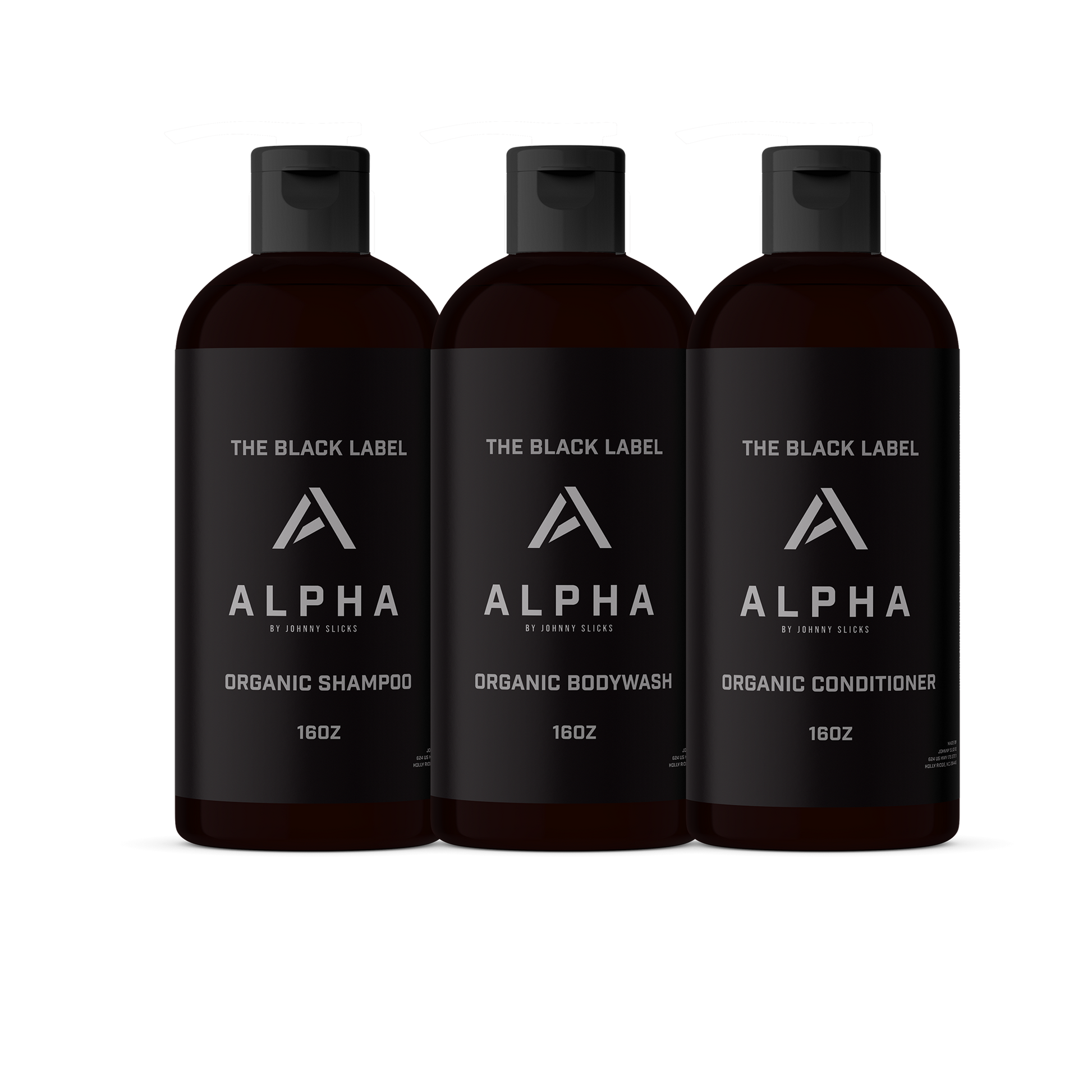 Johnny Slicks Alpha organic shower set, three dark pump bottles: shampoo, body wash, conditioner.