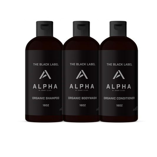 Johnny Slicks Alpha organic shower set, three dark pump bottles: shampoo, body wash, conditioner.