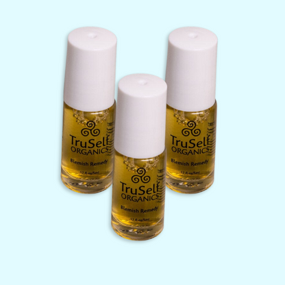 TruSelf ORGANICS blemish remedy spot treatment trio bottles with white caps.