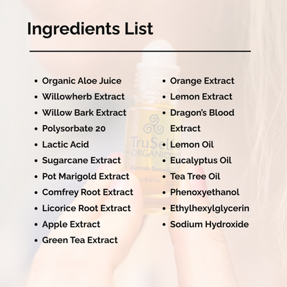TruSelf ORGANICS blemish remedy ingredients list shown on label.