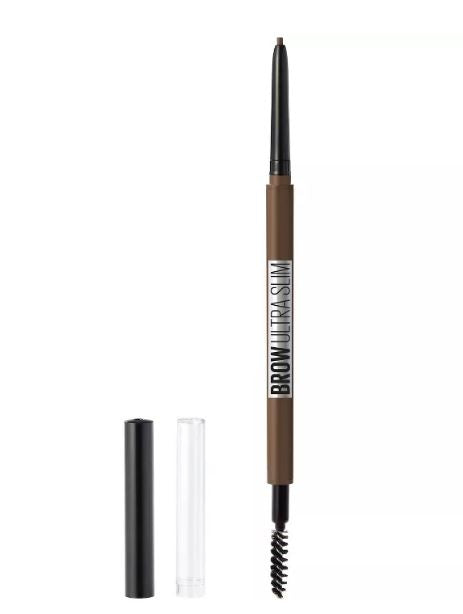 Ultra-slim defining eyebrow pencil with spoolie; medium brown body, cap and clear tube.