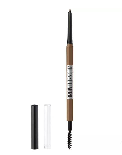 Ultra-slim defining eyebrow pencil with spoolie; soft brown body, cap and clear tube.